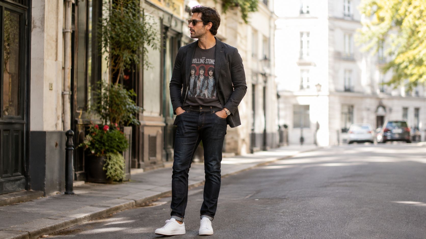 A stylish man wearing a dark blazer over a vintage Rolling Stones graphic t-shirt and dark denim jeans.