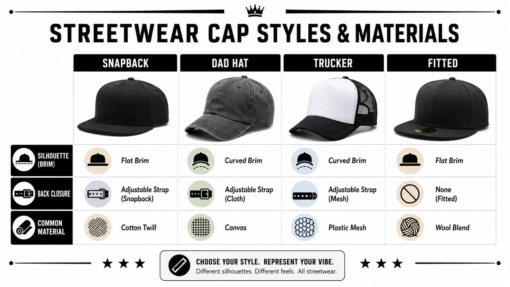 A comparison chart showing various streetwear cap styles including Snapback, Dad Hat, Trucker, and Fitted designs.