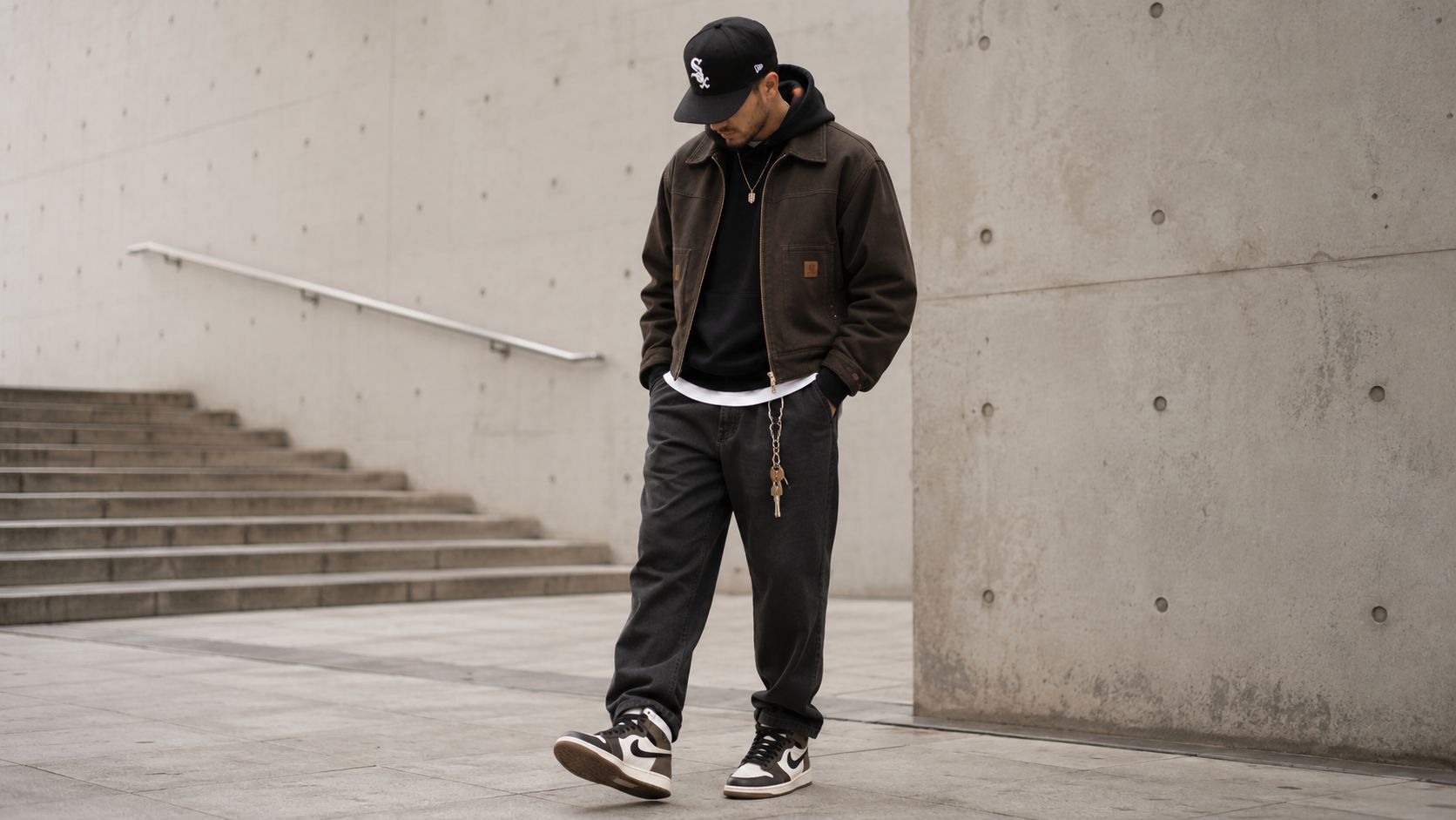 A stylish man wearing a brown work jacket, black hoodie, and sneakers standing on stairs.