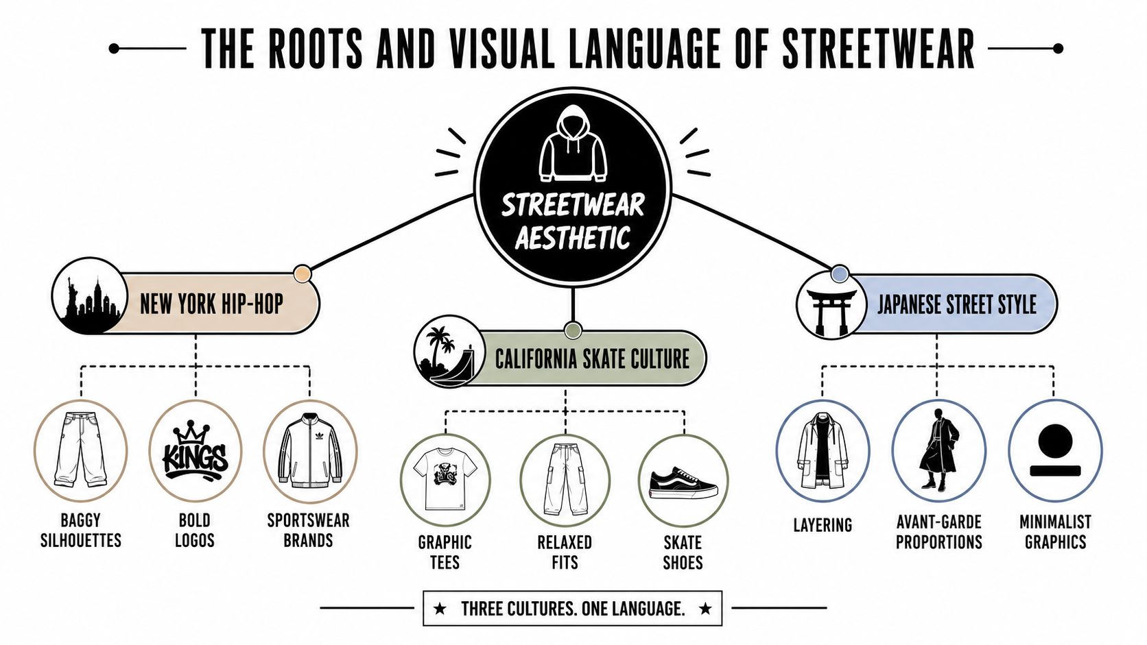 A diagram illustrating the three cultural roots of the streetwear aesthetic: New York hip-hop, California skate culture, and Japanese street style.