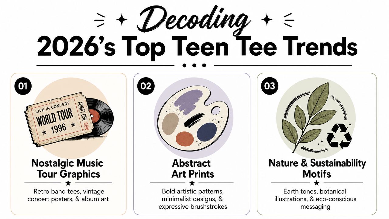 An infographic titled Decoding 2026's Top Teen Tee Trends highlighting three popular graphic design styles for clothing.