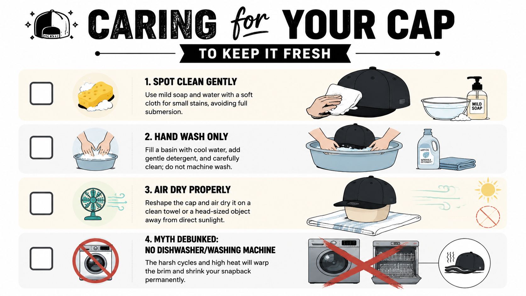 An infographic showing four essential steps for cleaning and maintaining snapback hats to keep them fresh.