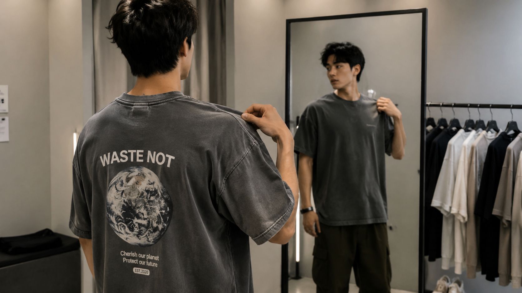 A young man looking at his reflection in a mirror wearing a grey oversized earth-themed graphic t-shirt.