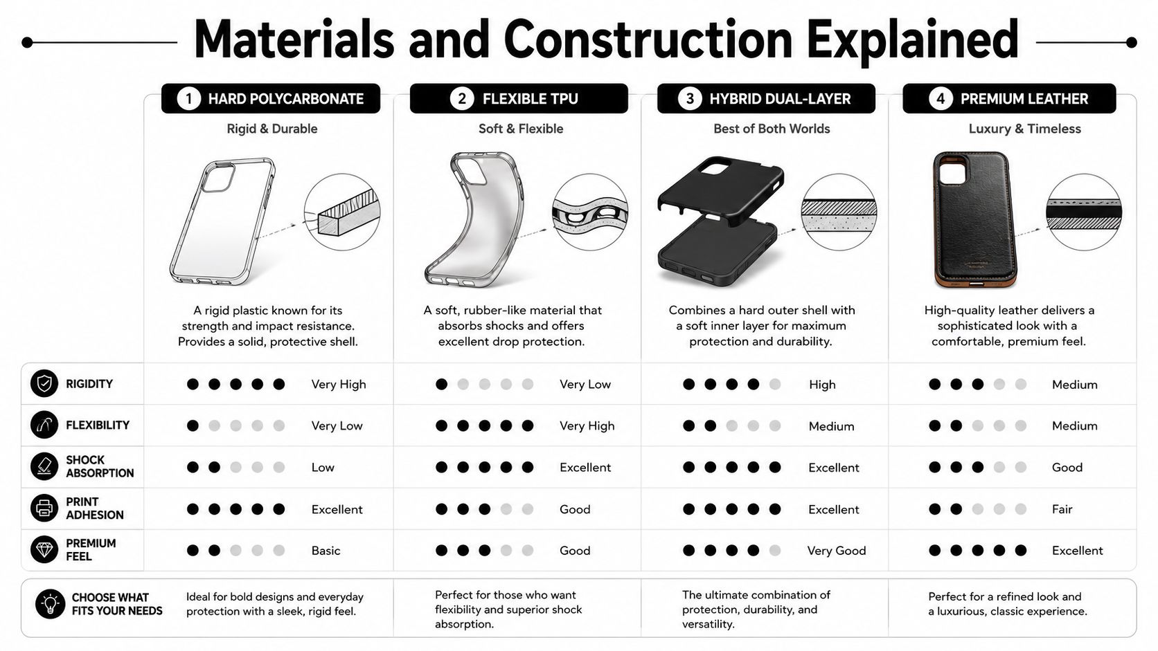 A comparison chart explaining the material properties and construction of four different types of phone cases.