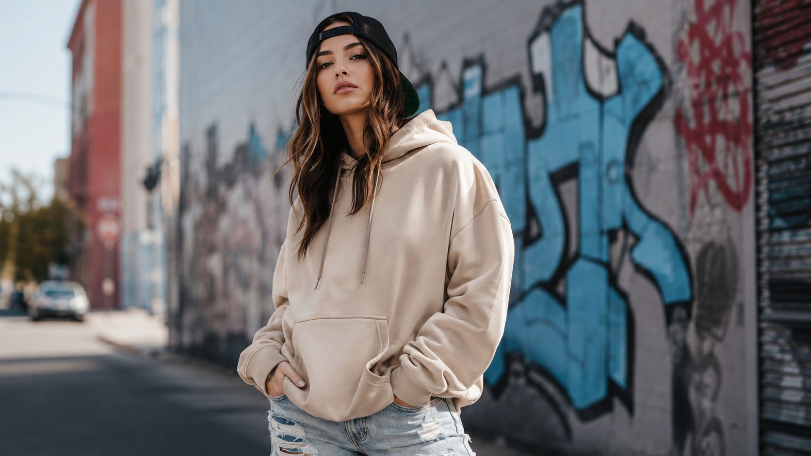 A stylish young woman wearing a beige hoodie and black snapback hat standing by a graffiti wall.