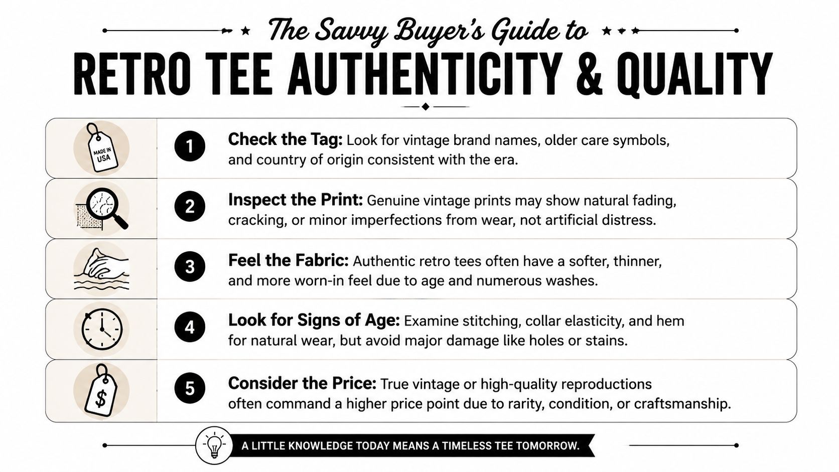 An infographic titled The Savvy Buyer's Guide to Retro Tee Authenticity and Quality listing five tips.