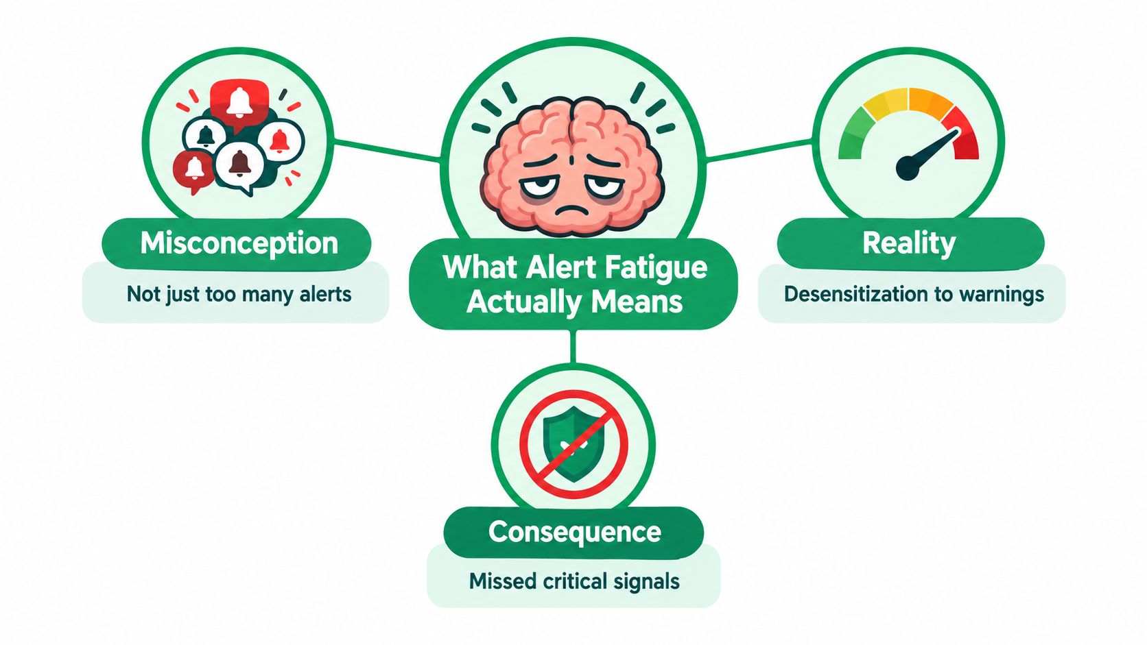 A diagram illustrating alert fatigue, showing misconceptions, the reality of desensitization, and the consequence of missed signals.