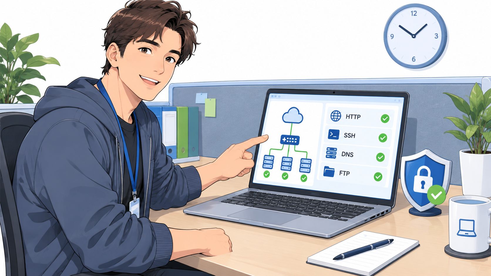 A friendly IT professional pointing at a laptop screen displaying network server connections and security protocols.