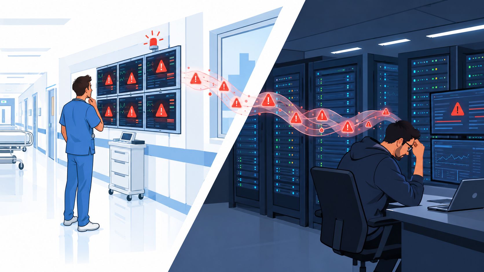 A split-screen illustration showing a medical professional and an IT worker overwhelmed by hospital system alerts.