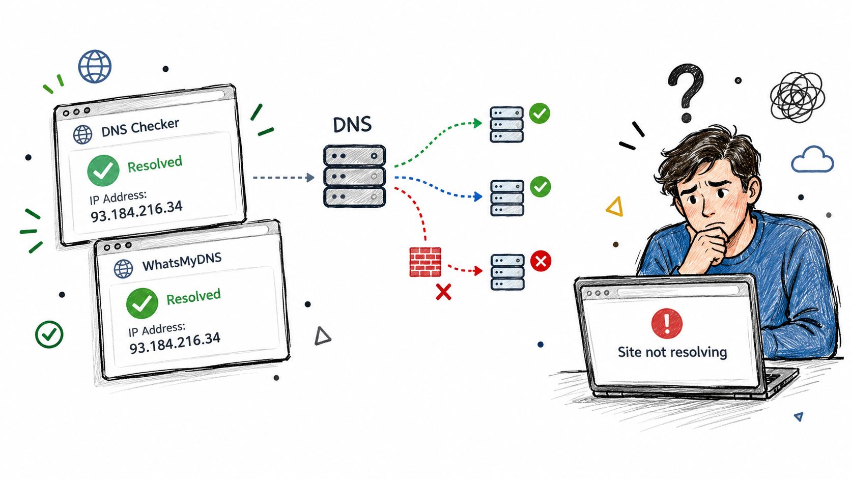 A person looking confused at a laptop displaying a site not resolving error despite DNS records being valid.