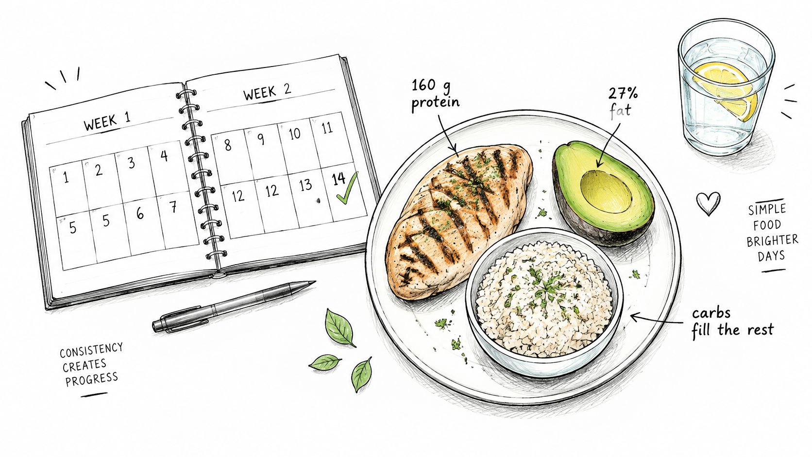 A hand-drawn illustration showing a meal planning journal alongside a healthy meal of chicken, avocado, and rice.