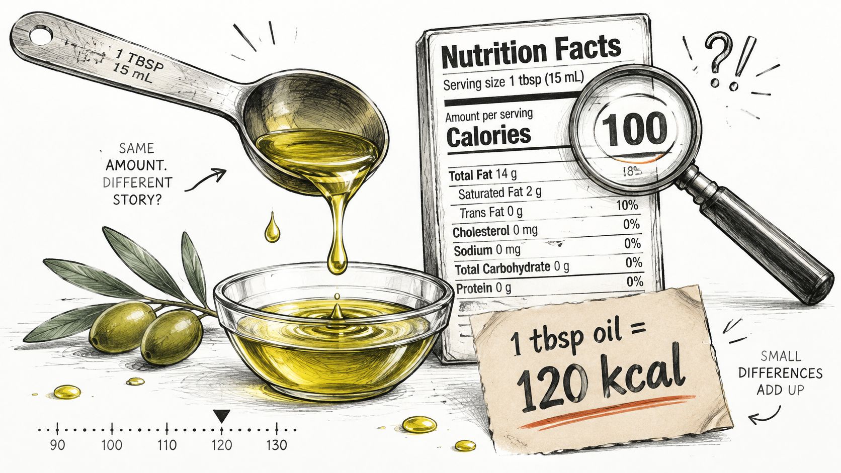 A nutritional illustration comparing a product label showing 100 calories with a note stating 1 tablespoon is 120 calories.
