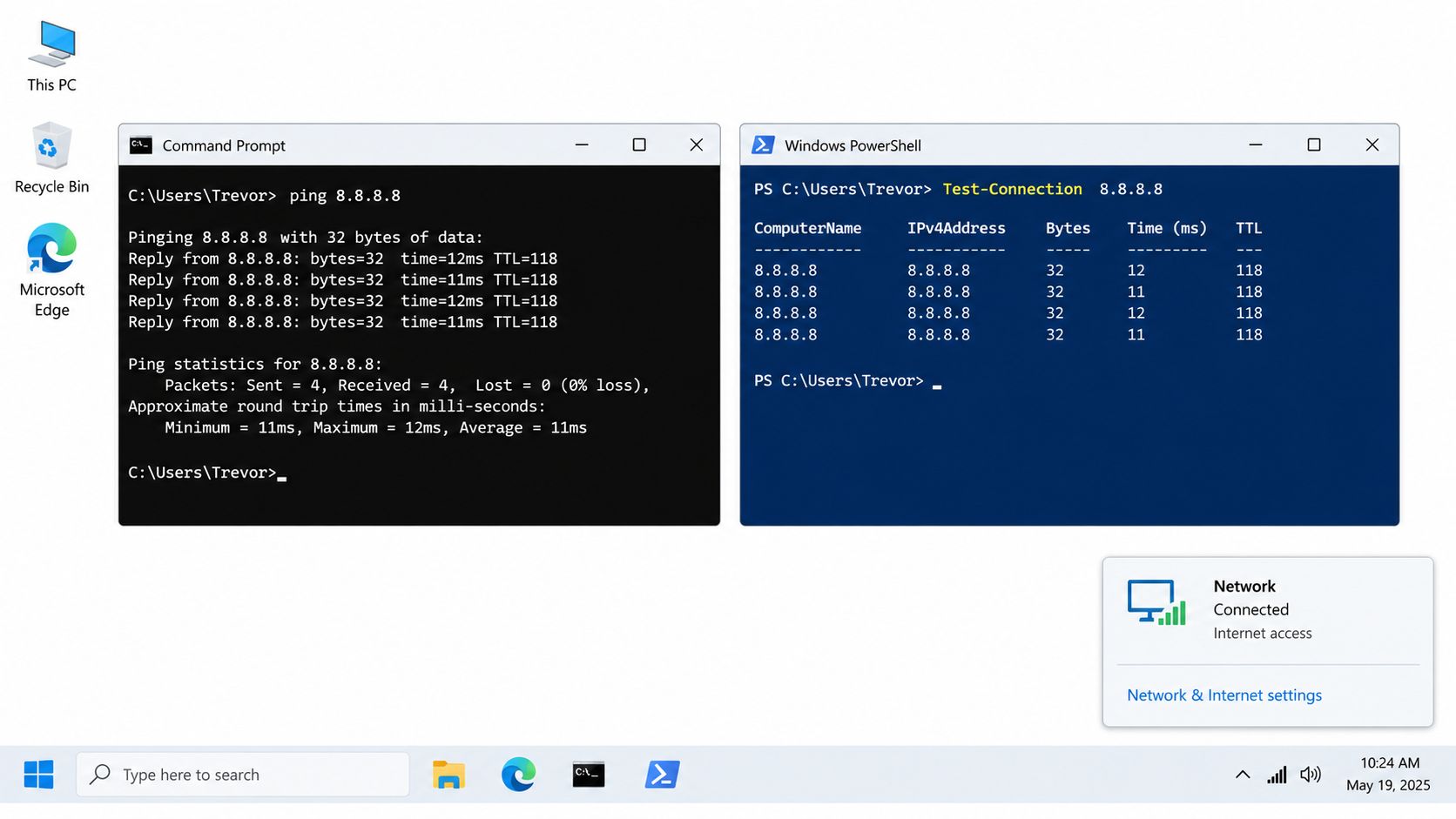 A Windows desktop showing Command Prompt and PowerShell windows performing a successful ping test to 8.8.8.8.