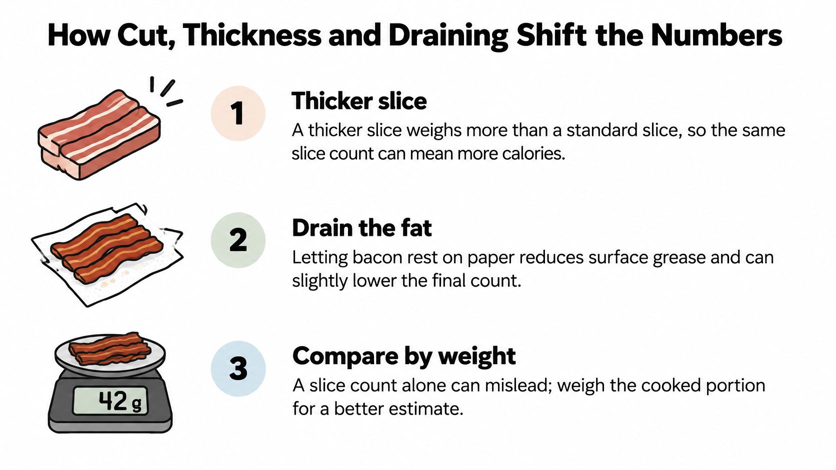 An infographic showing how slice thickness, draining fat, and weighing bacon affects calorie counts.