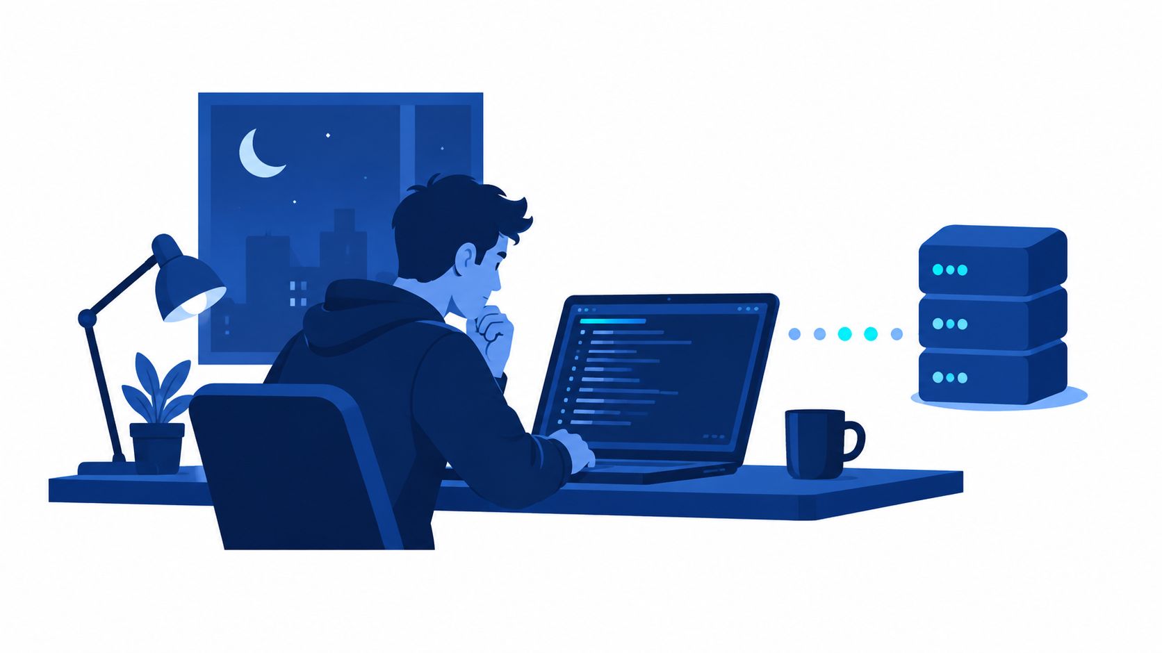 A digital illustration of a developer working on code on a laptop connected to a database server.