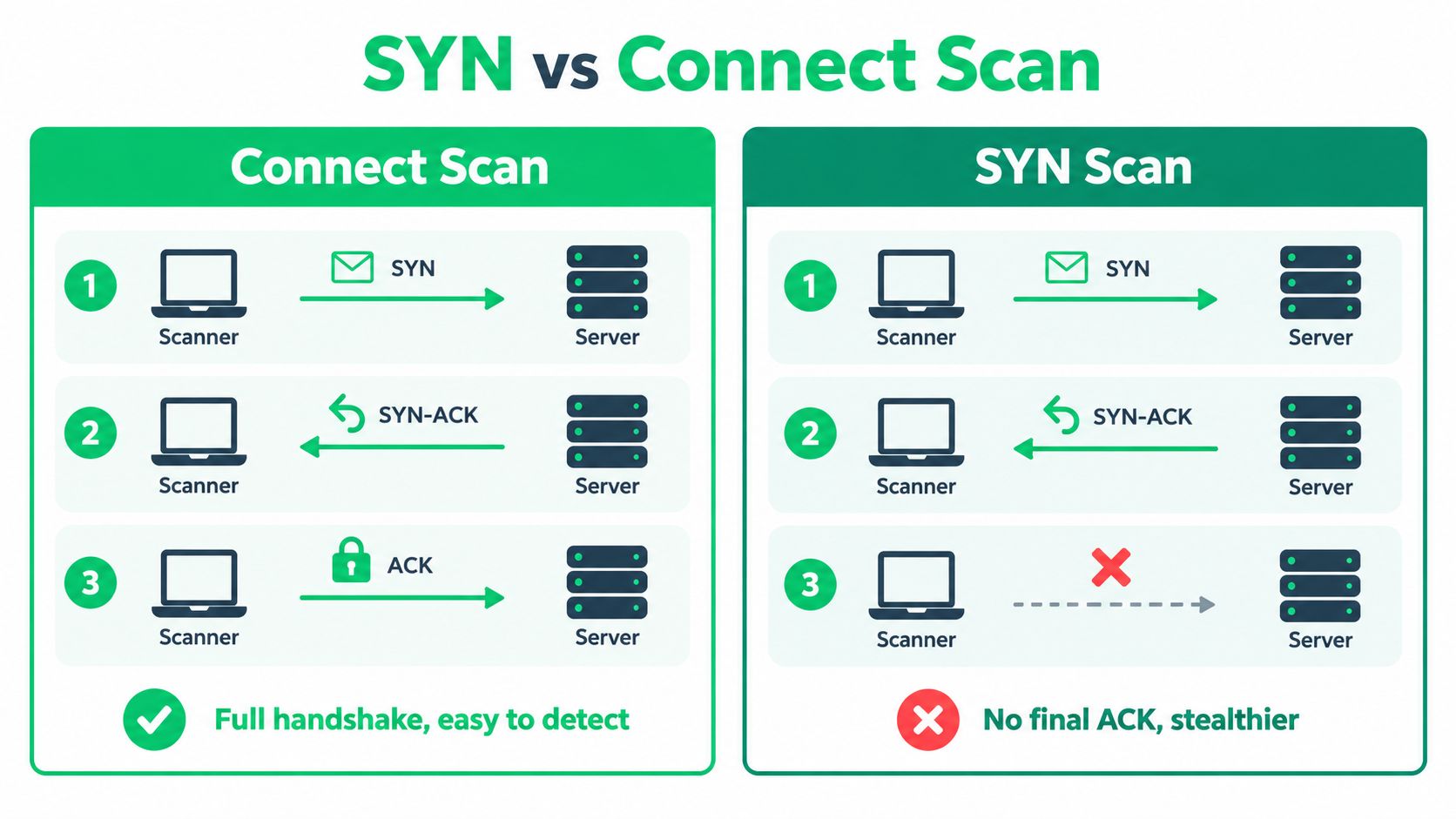 A diagram comparing the steps of a TCP Connect scan versus a stealthy TCP SYN port scan.