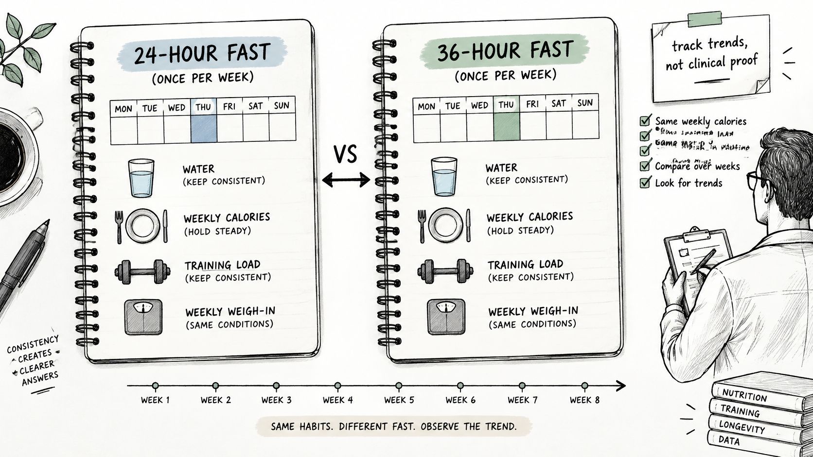 An infographic comparing 24-hour and 36-hour weekly fasts with tips for tracking trends and maintaining consistent habits.
