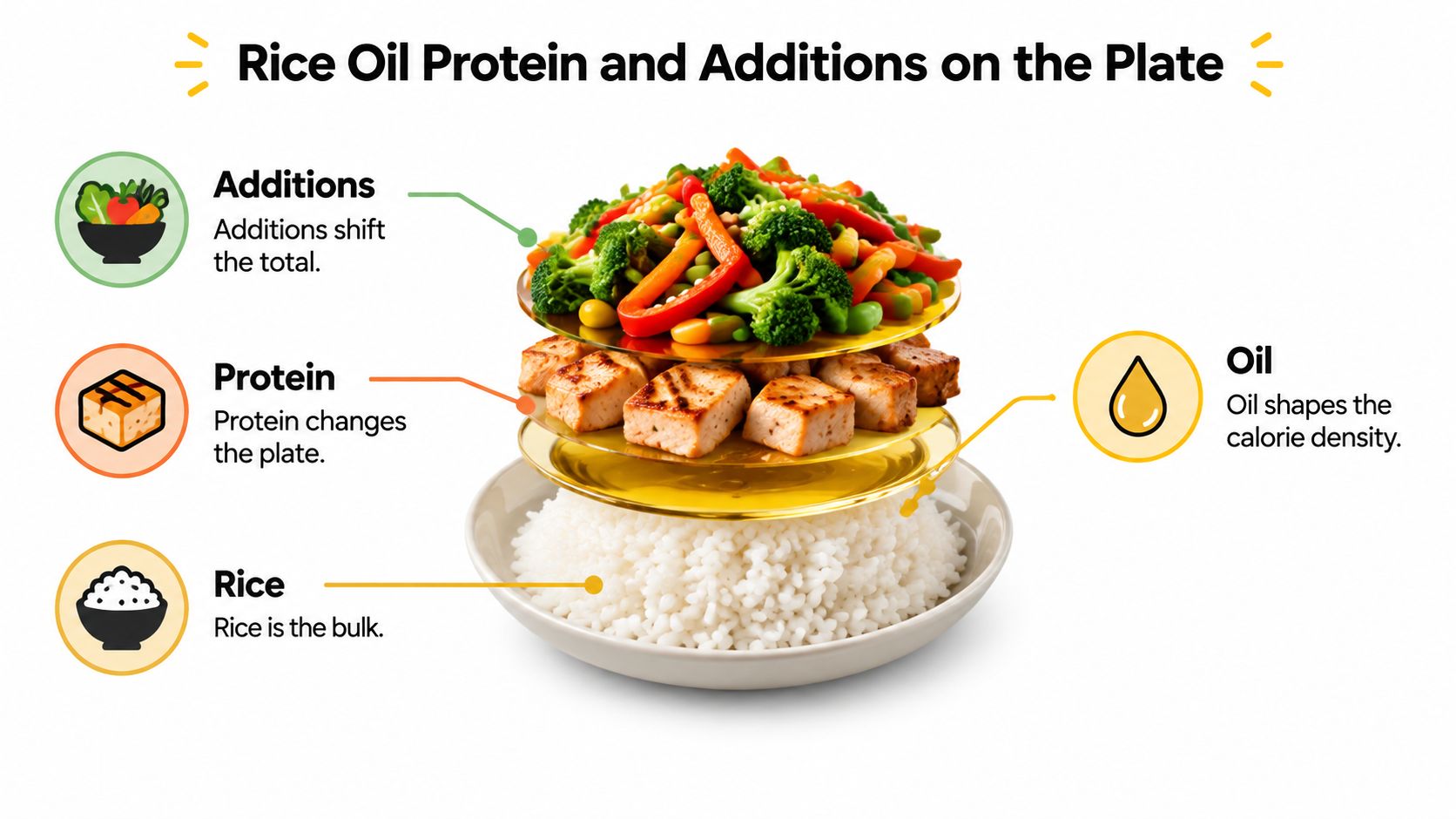 A diagram shows layers of rice, protein, and vegetables with oil, explaining their impact on meal calories.