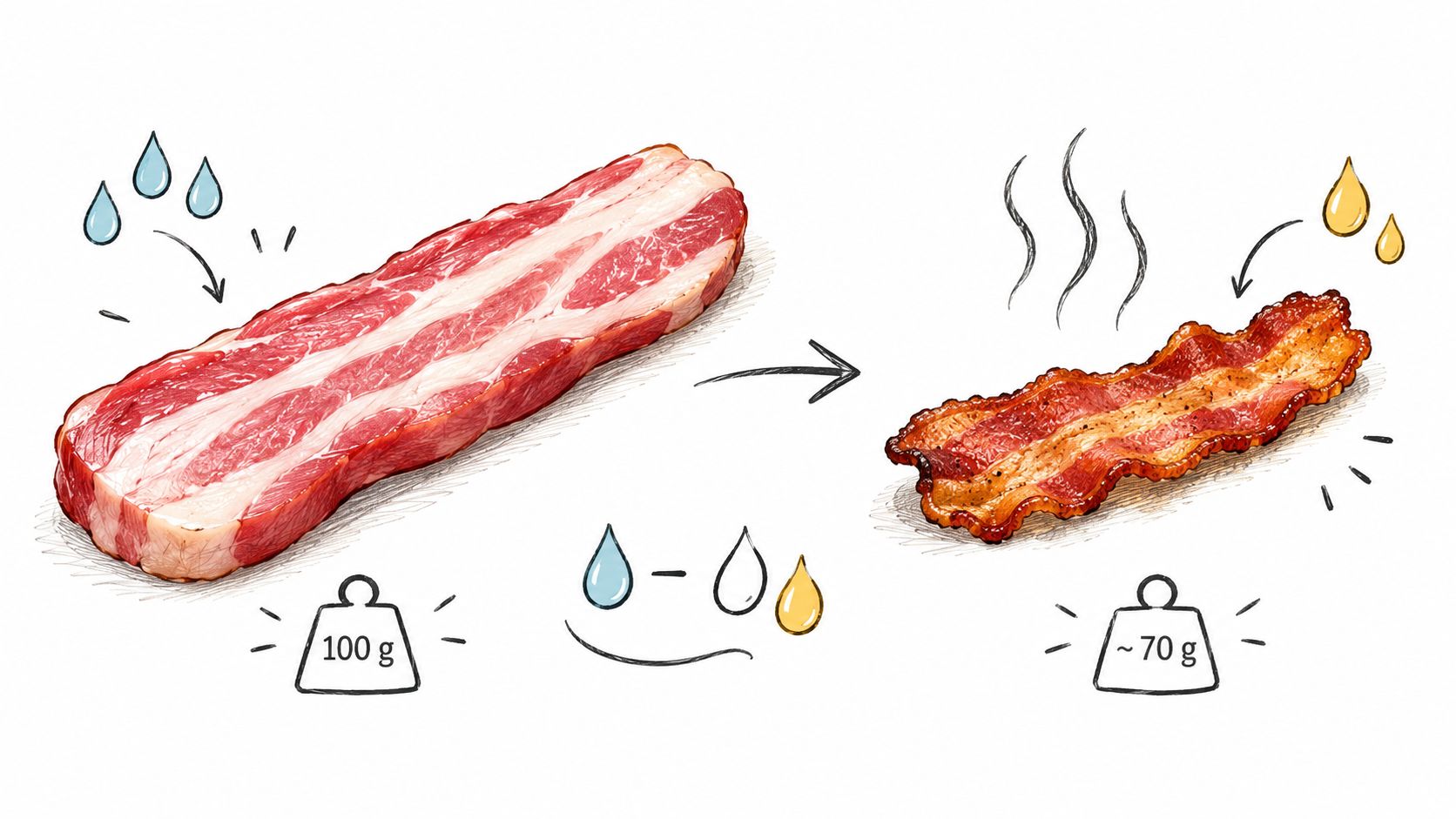A hand-drawn illustration showing a raw piece of bacon weighing 100 grams turning into cooked crispy bacon weighing 70 grams.