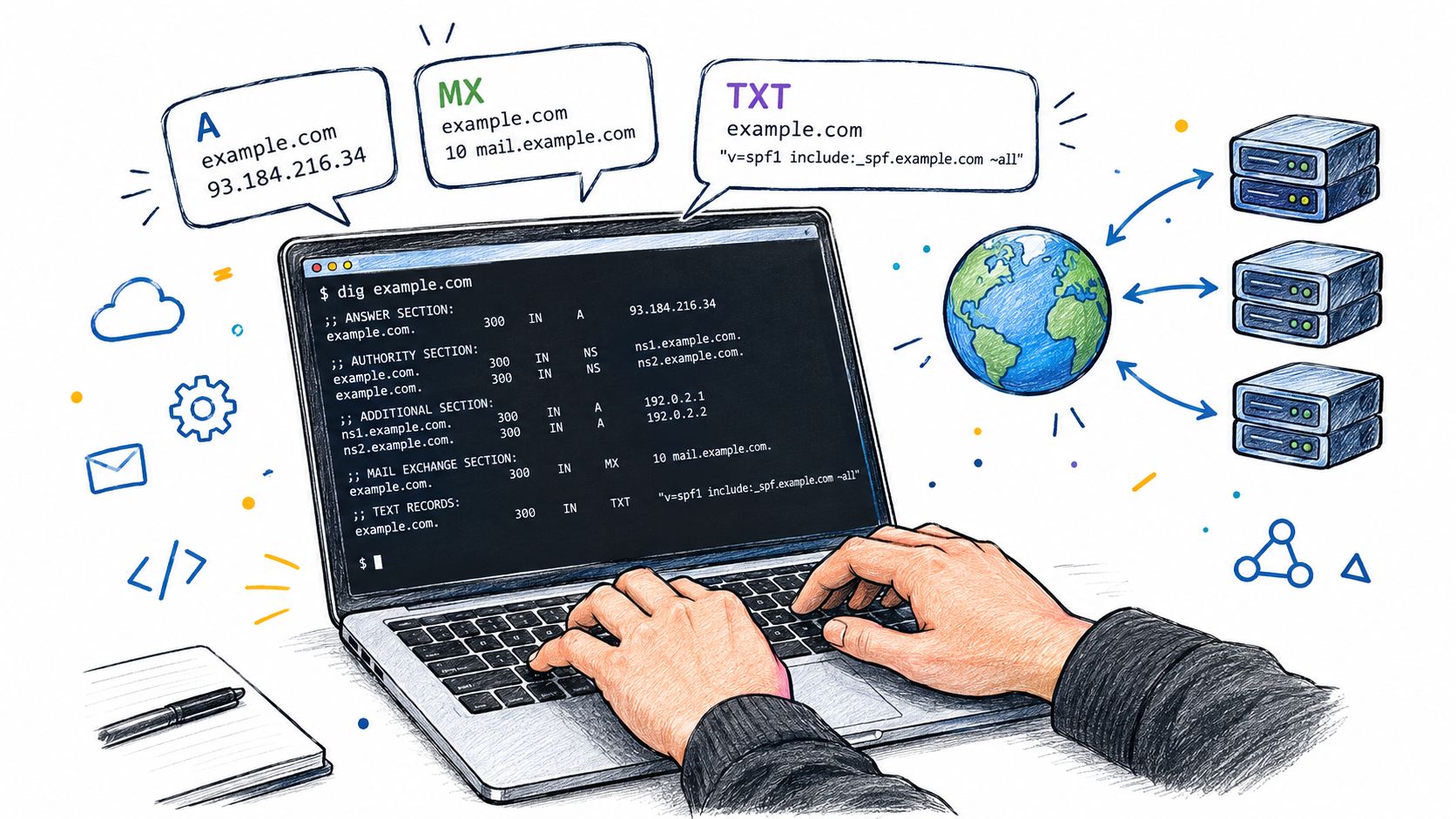 A person using a laptop to view and analyze various DNS records for a domain example.