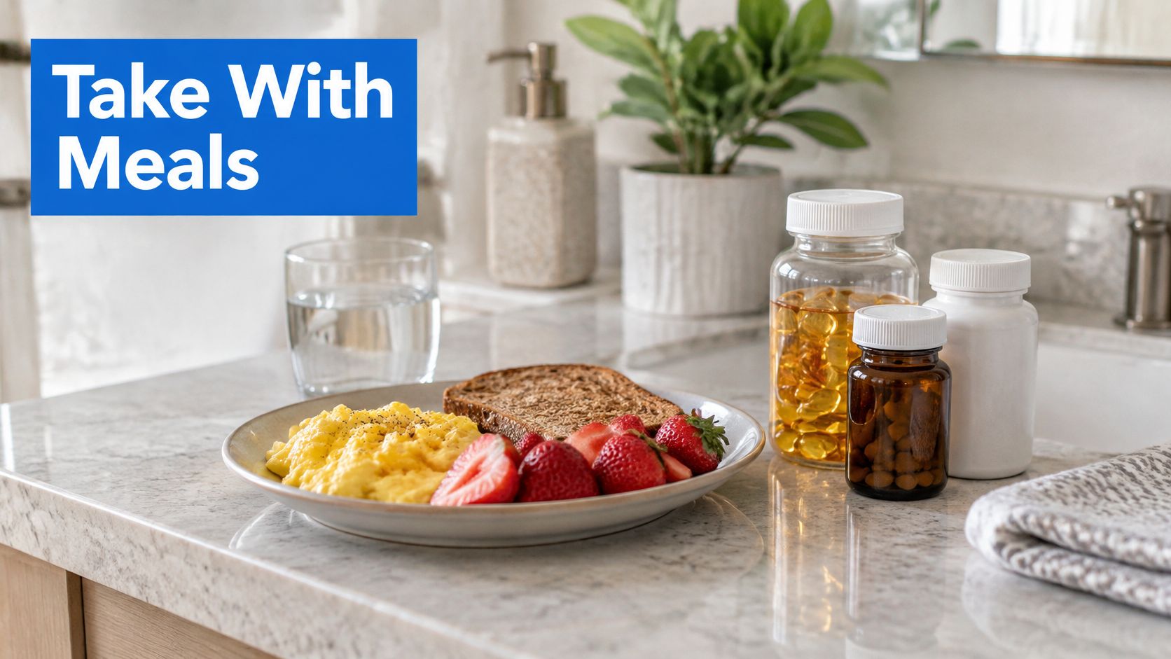 A healthy breakfast of scrambled eggs and strawberries on a counter with vitamin supplement bottles nearby.