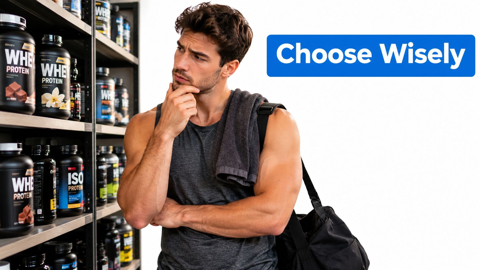 A fit man wearing a gym tank top contemplates choosing protein powder from a store shelf.