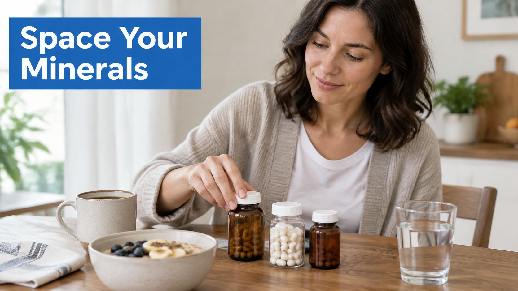 A woman sits at a wooden table in a bright kitchen, considering which vitamin bottles to open.