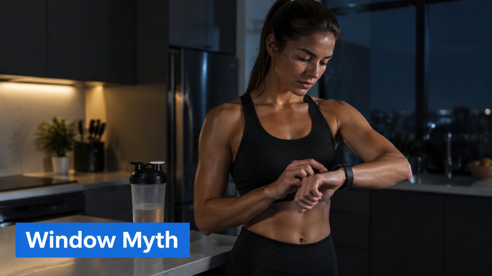 A fit woman in athletic wear checks her smartwatch in a modern kitchen with a shaker bottle.