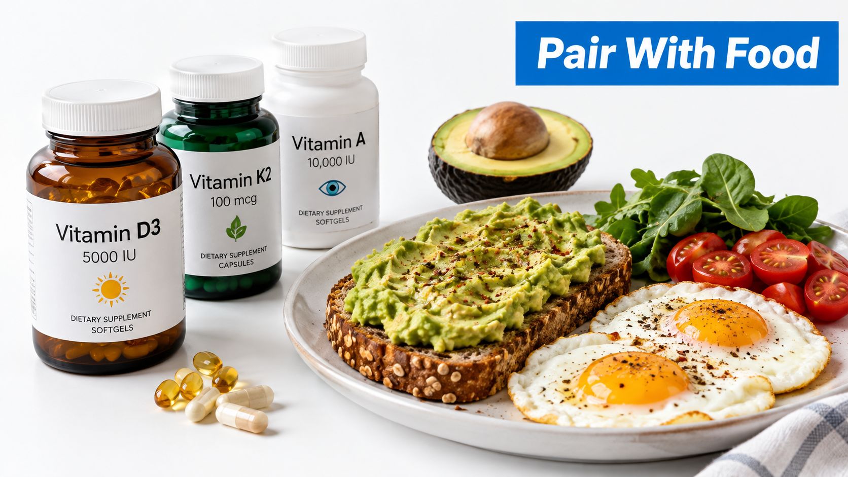 A plate of avocado toast and eggs with bottles of Vitamin D3, K2, and A supplements.