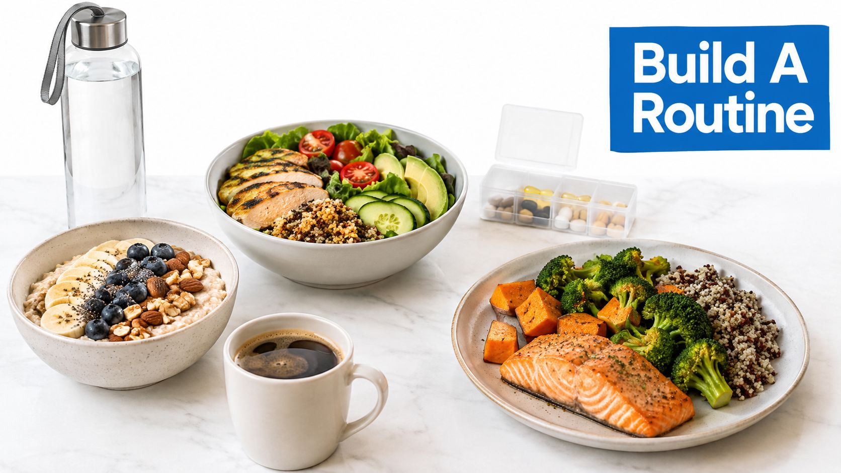 A healthy table setting with various nutritious meals, a water bottle, a coffee mug, and vitamins.