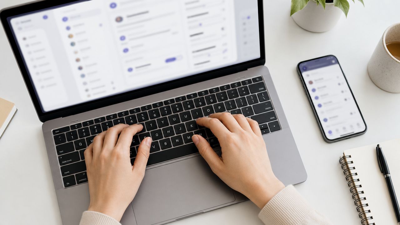 Uma pessoa digitando em um laptop enquanto verifica notificações de mensagens em um smartphone.
