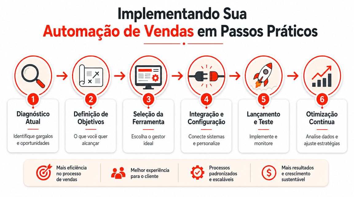 Infográfico detalhando seis passos práticos para implementar a automação de vendas em um negócio de forma eficiente.