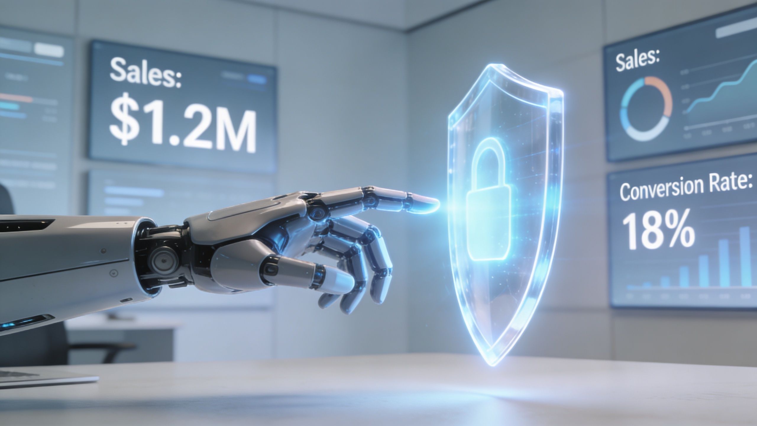 Uma mão robótica tecnológica tocando um escudo holográfico digital representando segurança de dados e proteção cibernética.