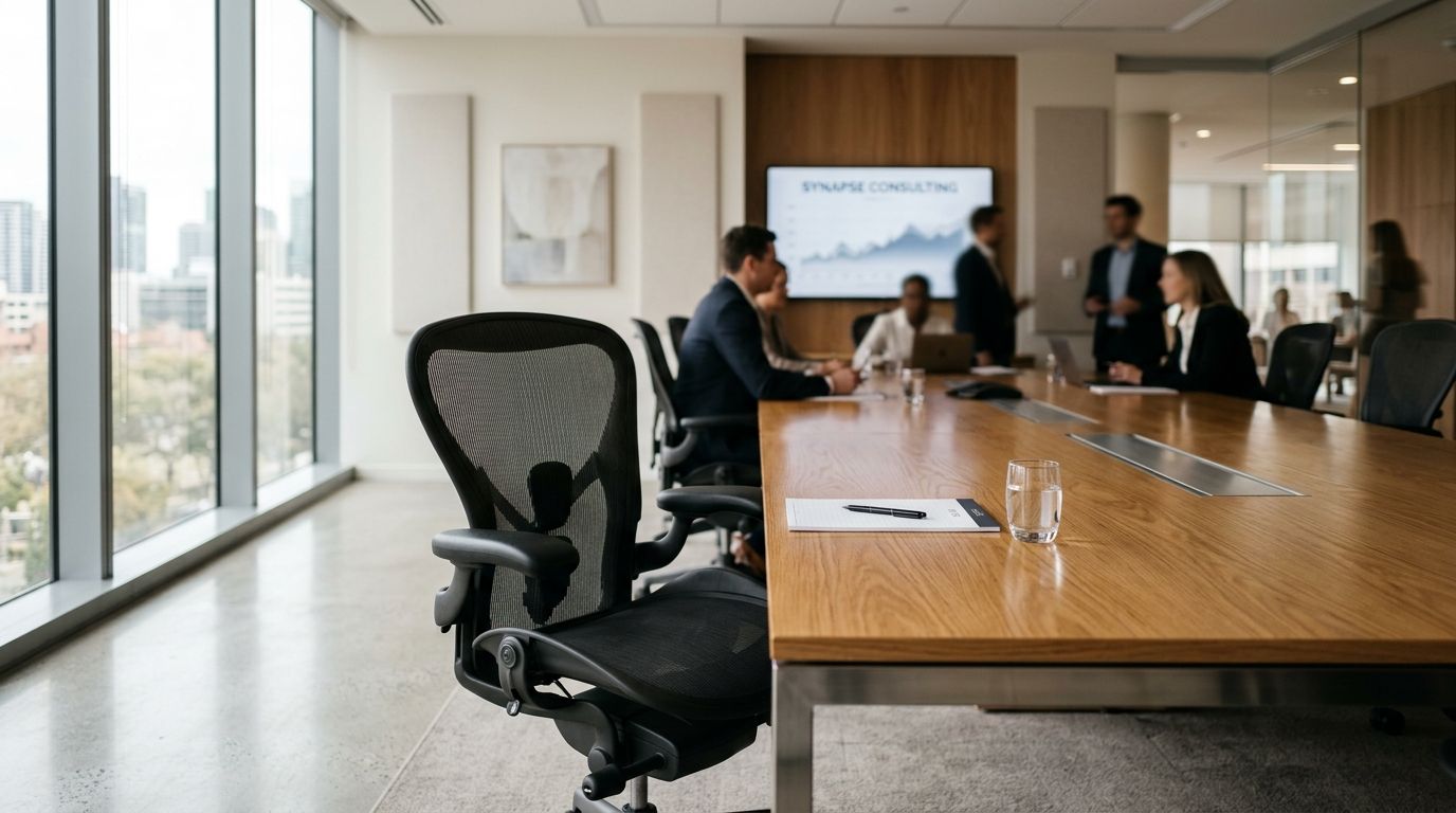 Uma sala de reunião moderna e iluminada com uma mesa de madeira, cadeiras ergonômicas e profissionais trabalhando.