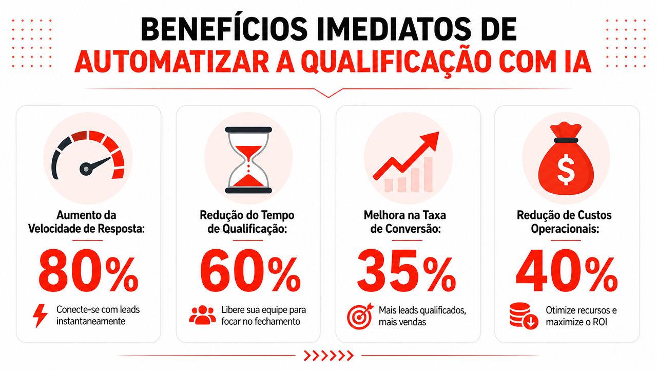 Infográfico detalhando os quatro principais benefícios de automatizar a qualificação de leads com inteligência artificial.