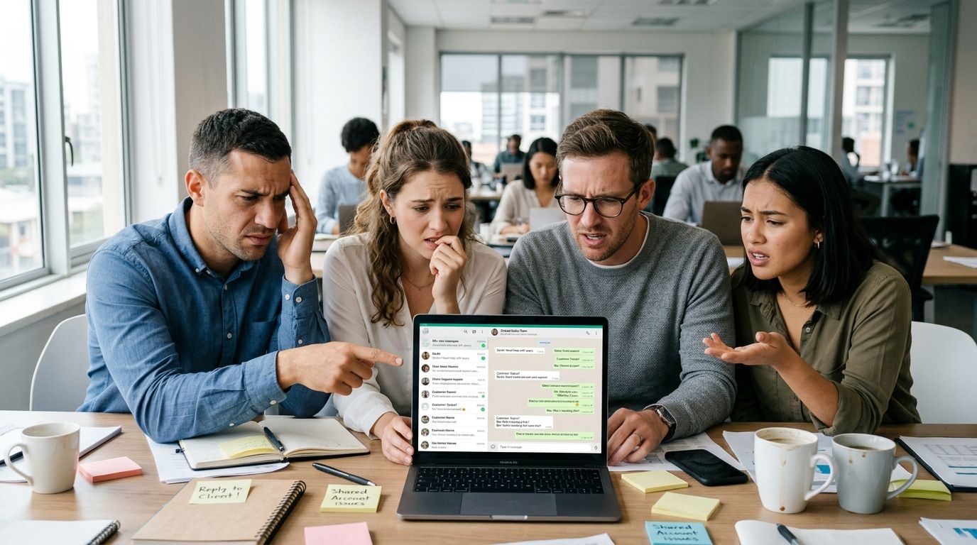 Quatro colegas de trabalho preocupados olhando para uma tela de notebook com uma conversa de aplicativo aberta.