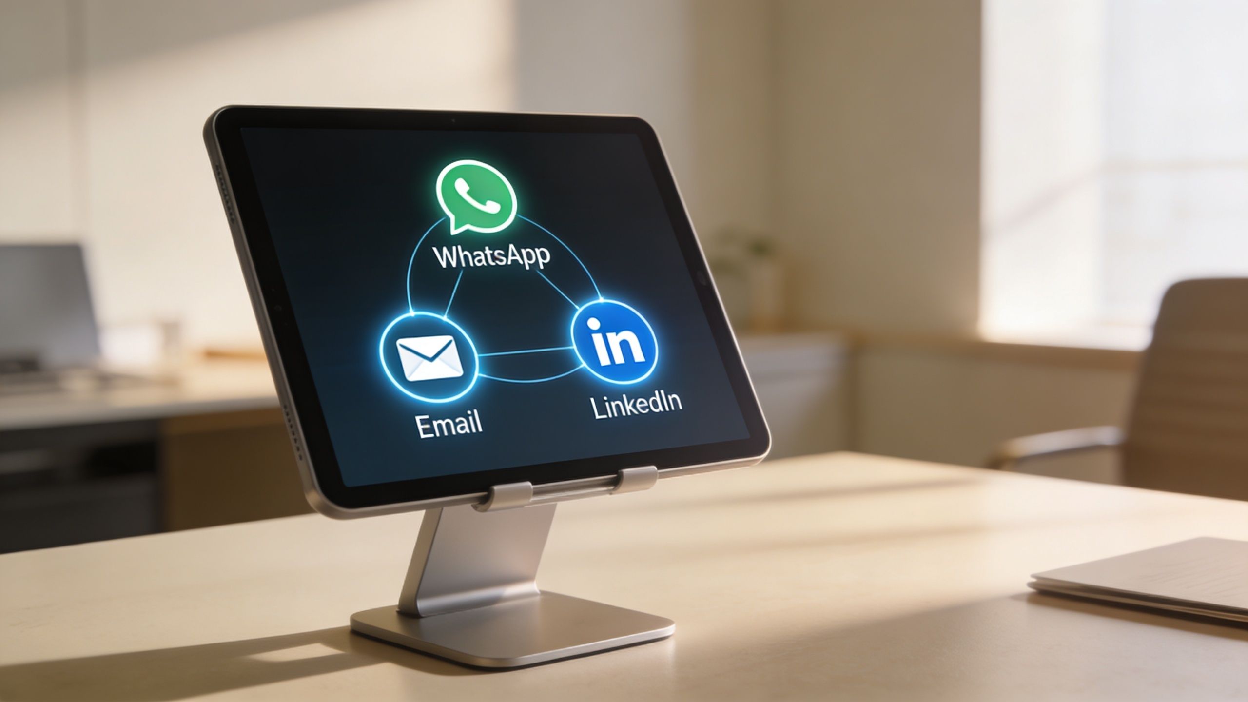 Um tablet em um suporte mostrando ícones conectados de WhatsApp, E-mail e LinkedIn em um escritório.