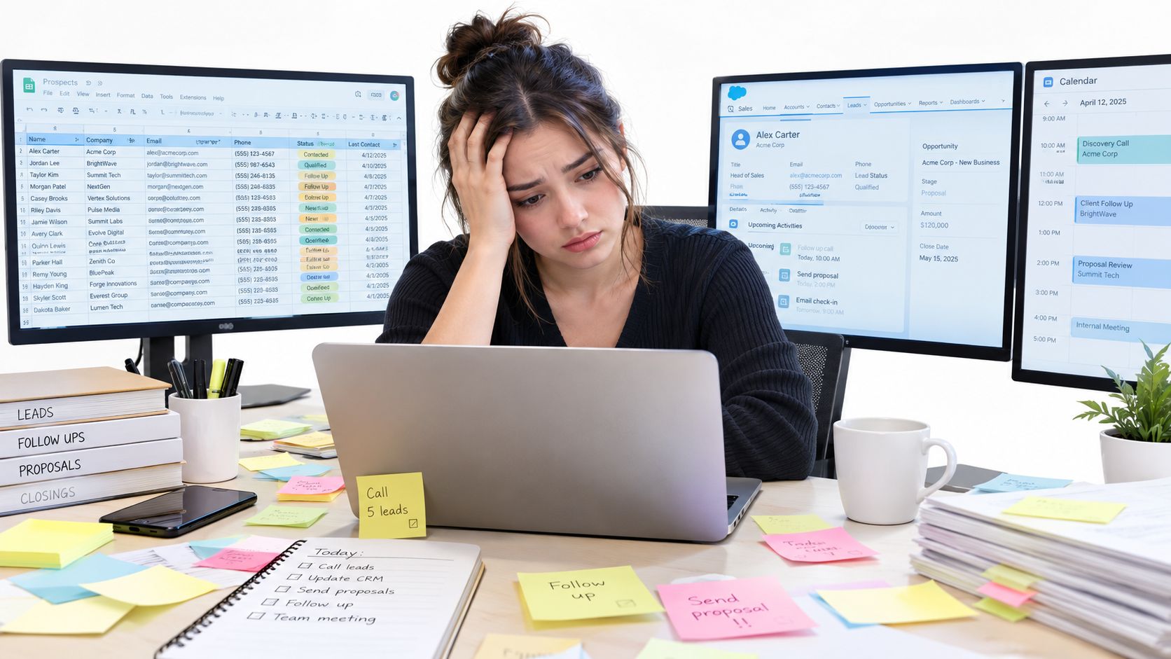 Uma mulher jovem sentada em uma mesa cheia de papéis, parecendo exausta e estressada com o trabalho.