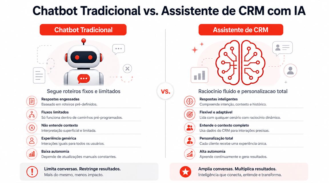 Comparação infográfica entre chatbot tradicional limitado e assistente de CRM inteligente baseado em inteligência artificial.