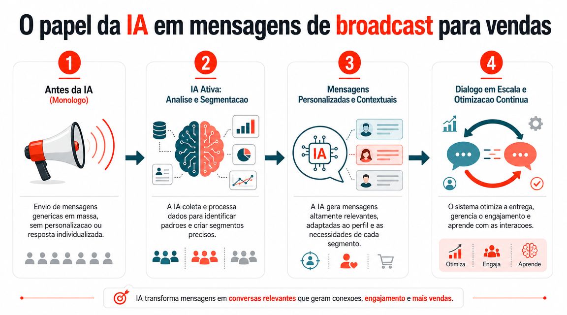 Infográfico ilustrando a evolução das mensagens de broadcast com IA, de monólogos genéricos para diálogos personalizados.