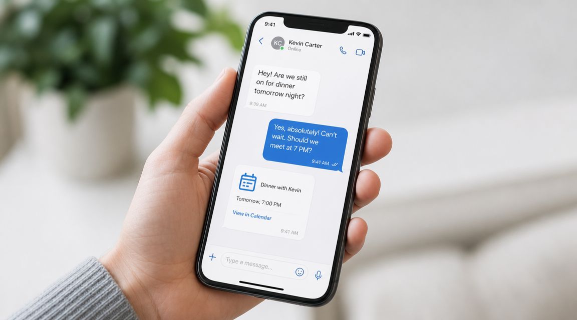 Uma mão segurando um smartphone mostrando uma conversa por mensagens sobre o agendamento de um jantar.