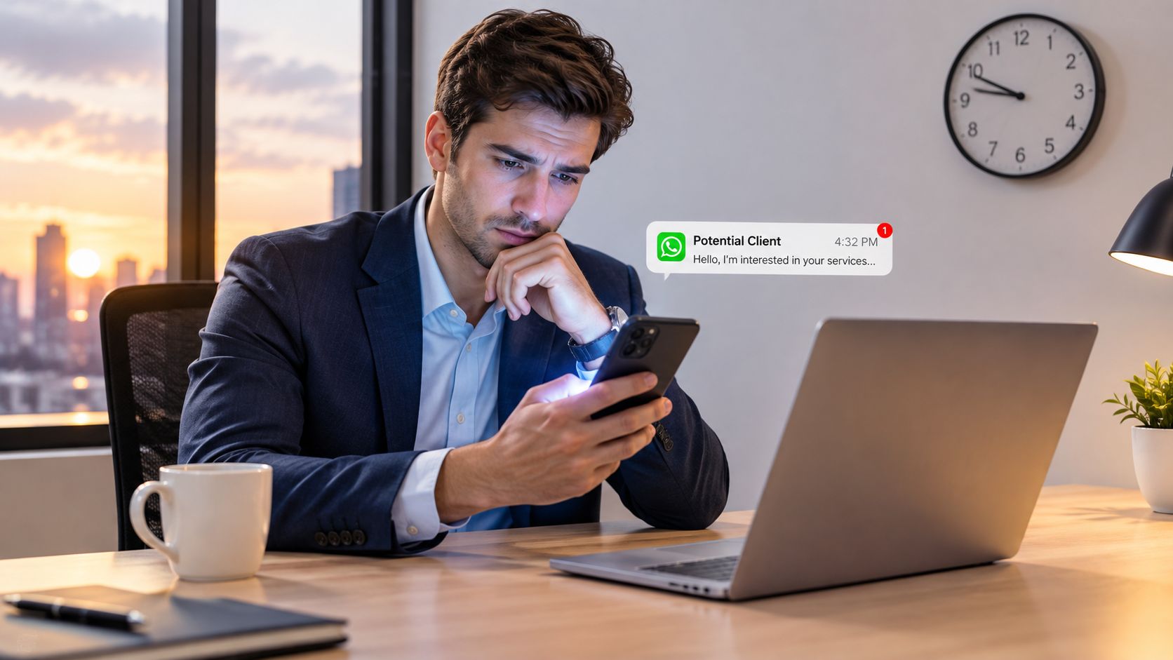 Homem de negócios pensativo olhando para o celular com notificação de mensagem de um potencial cliente recebida.