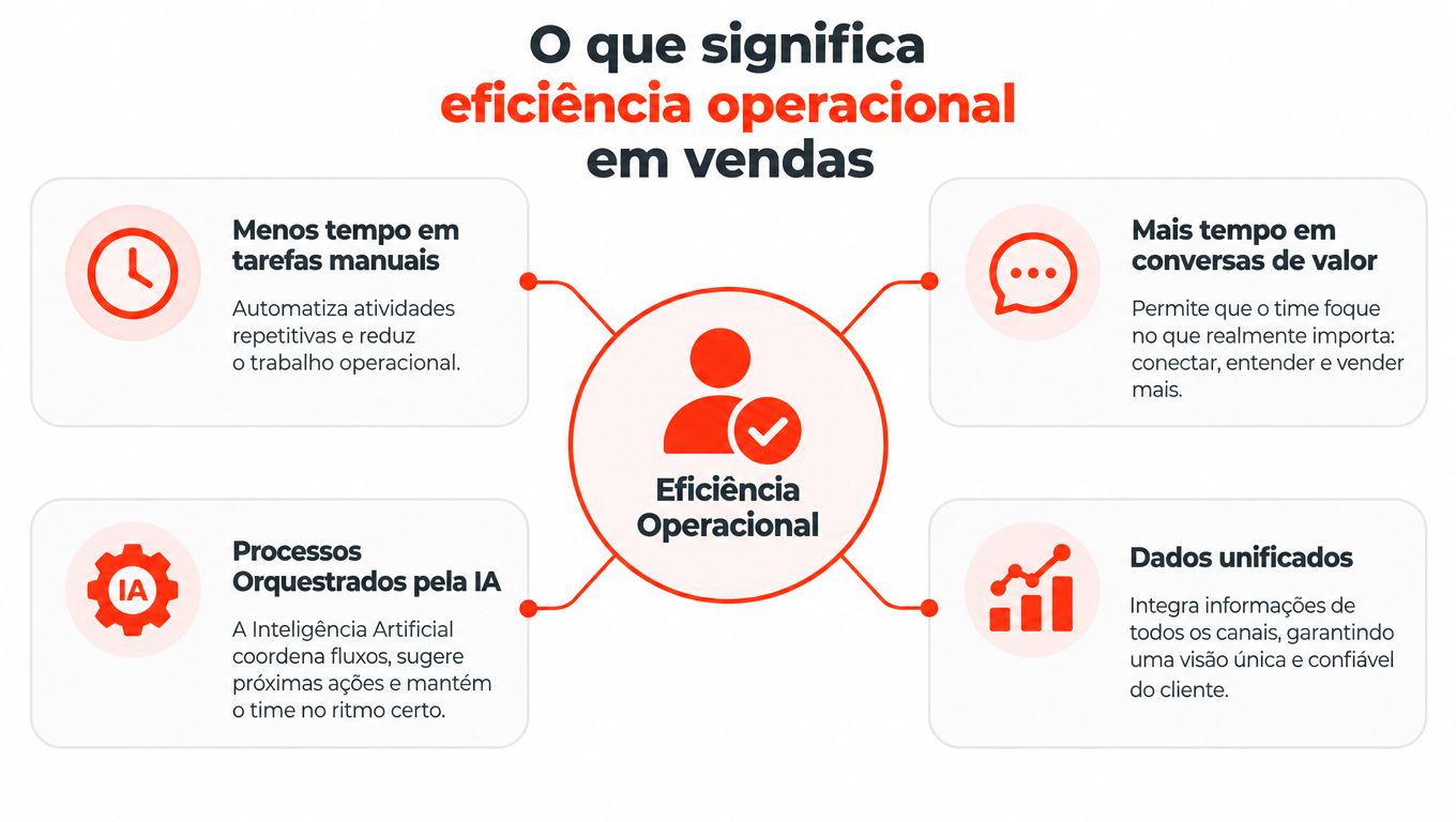 Infográfico explicativo sobre eficiência operacional em vendas, destacando automação, conversas de valor, IA e dados unificados.