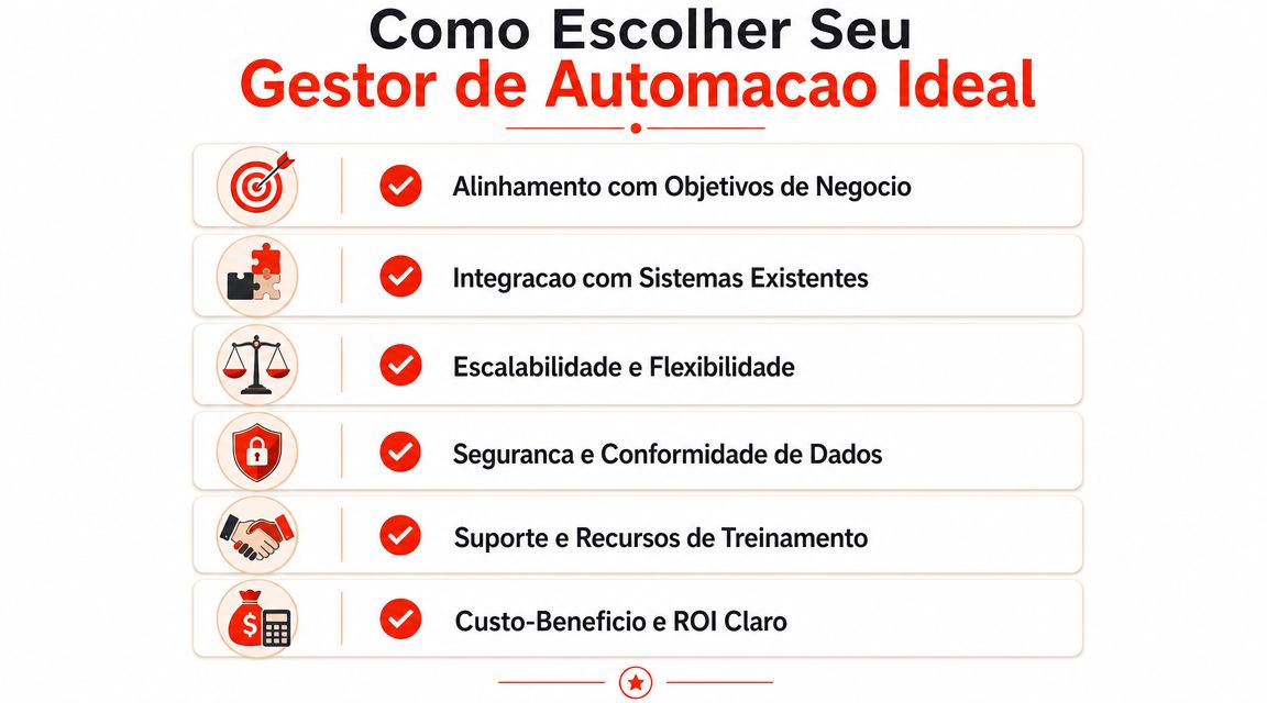 Infográfico sobre como escolher o gestor de automação ideal com seis critérios essenciais para empresas.