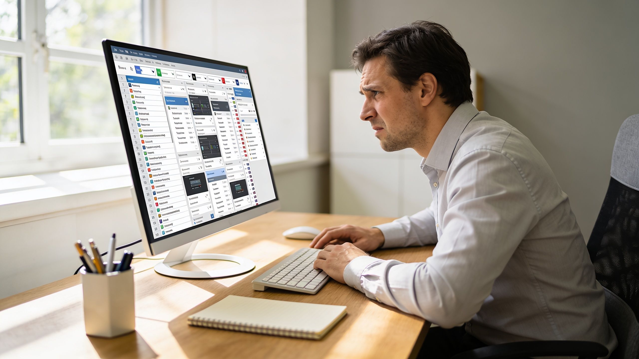 Homem concentrado trabalhando em um computador com interface de sistema CRM em um escritório ensolarado.