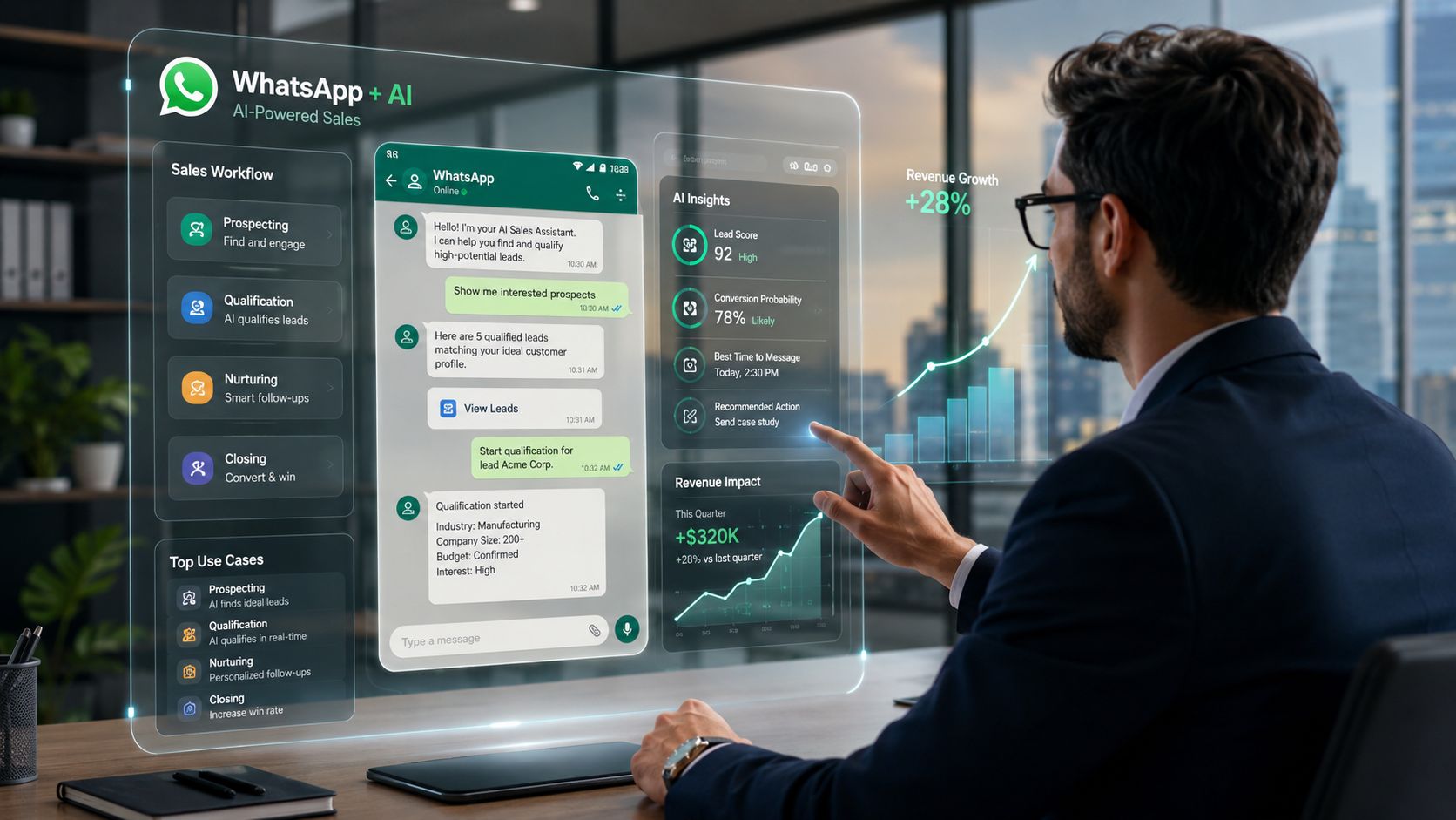 Homem de negócios interage com um painel holográfico exibindo inteligência artificial aplicada em vendas pelo WhatsApp.