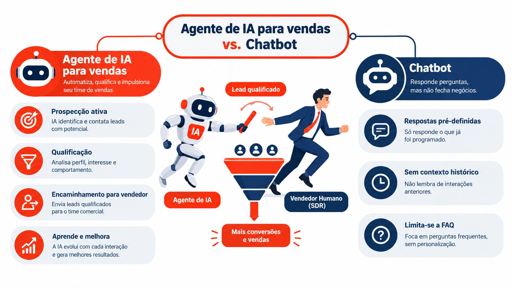 Infográfico comparativo mostrando as diferenças entre um agente de IA para vendas e um chatbot convencional.