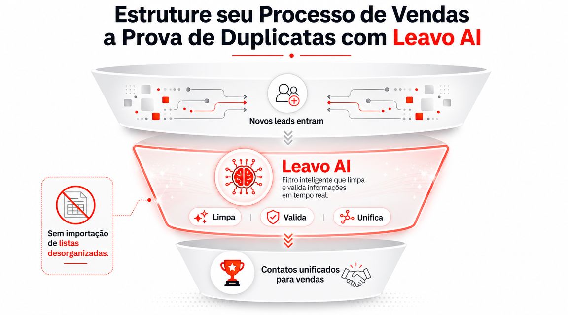 Fluxograma do Leavo AI limpando e unificando contatos para evitar duplicatas em processos de vendas de empresas.