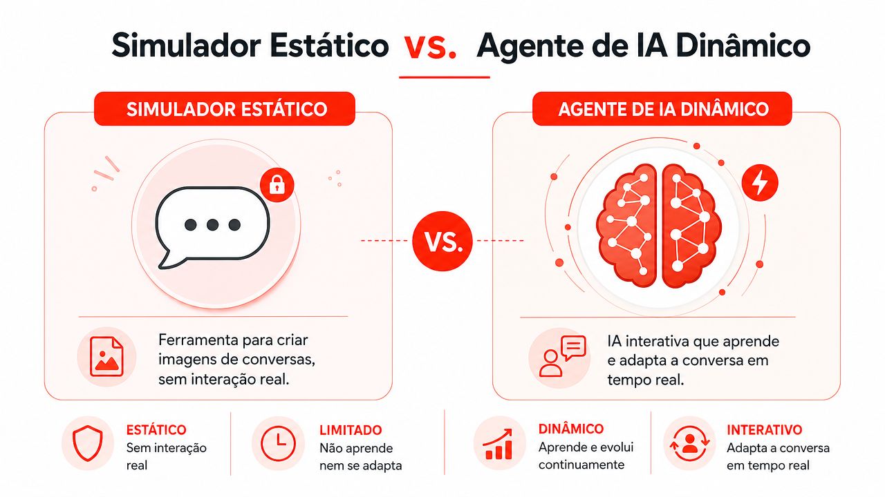 Comparação infográfica entre um simulador estático de conversas e um agente de IA dinâmico e interativo.