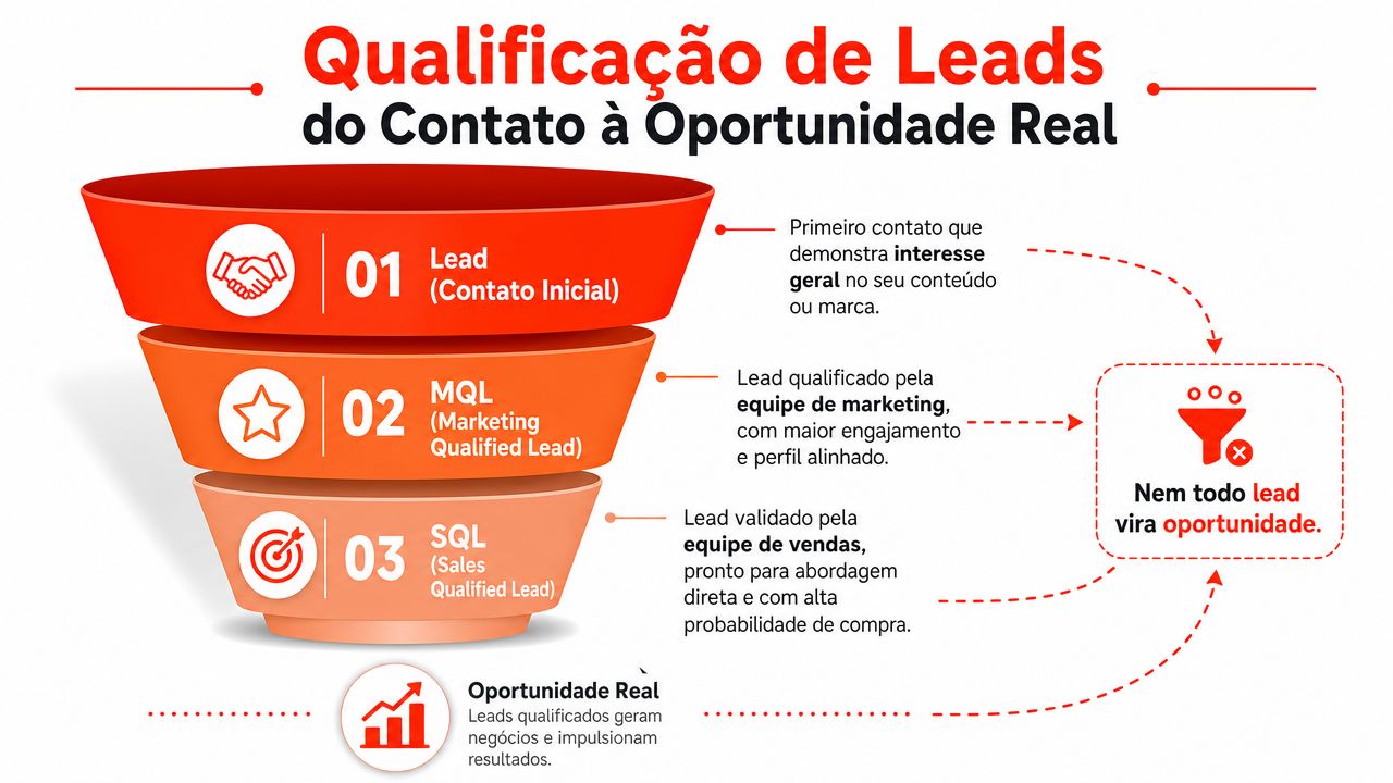 Funil visual detalhando as etapas da qualificação de leads, desde o contato inicial até a oportunidade real.